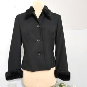 Finity Studio Black Faux Fur Collar and Cuffs Button Front Blazer Sz 12 Corpcore